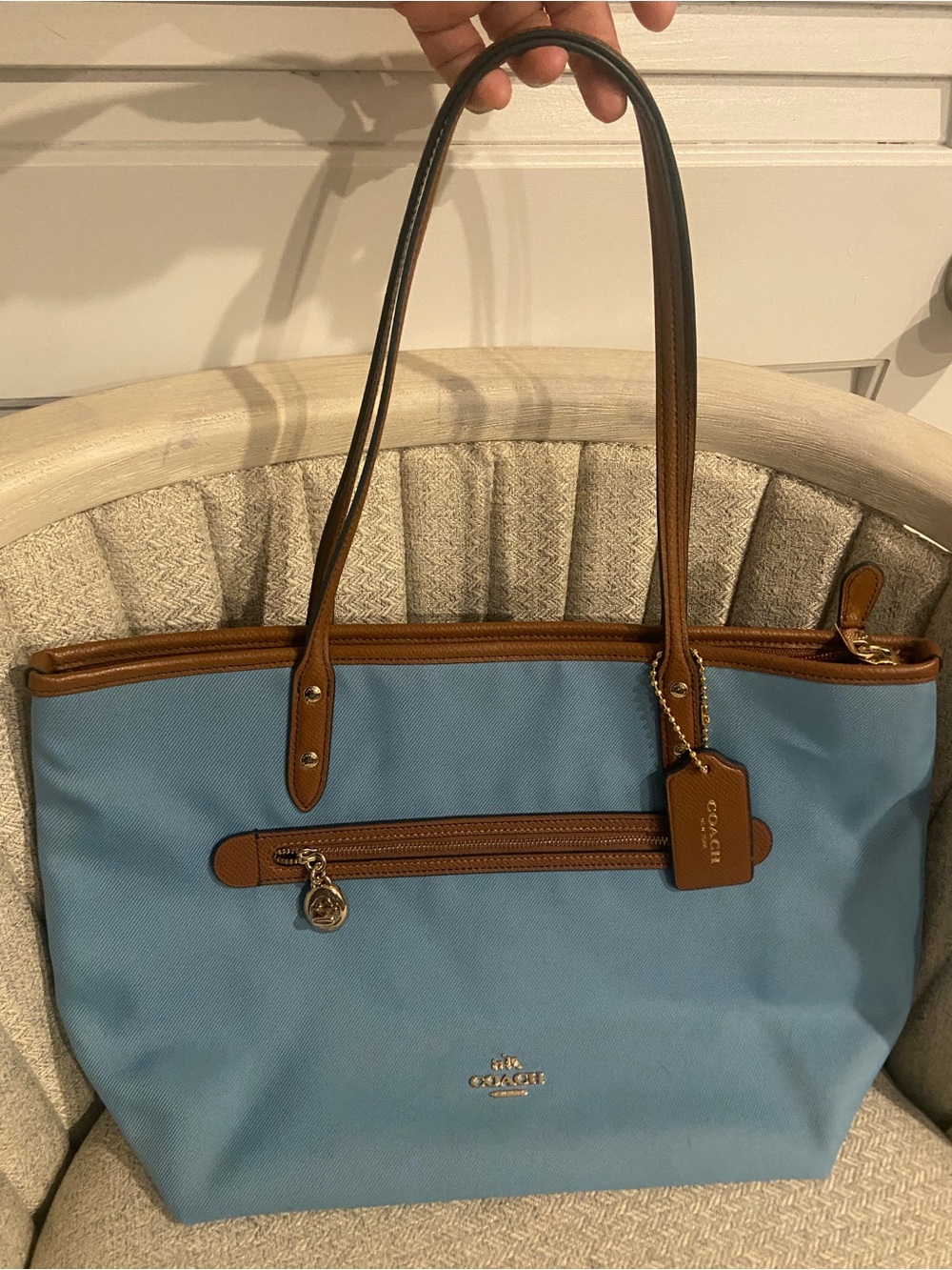 NWOT Coach Blue Canvas Tote with Brown Genuine Leather Trim